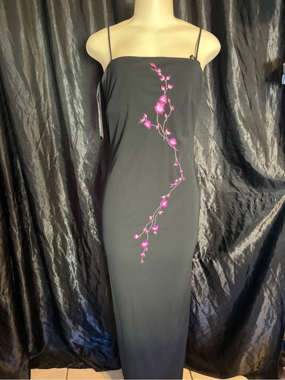 Narianna Black Maxi Dress with Pink Floral Vine Embroidery